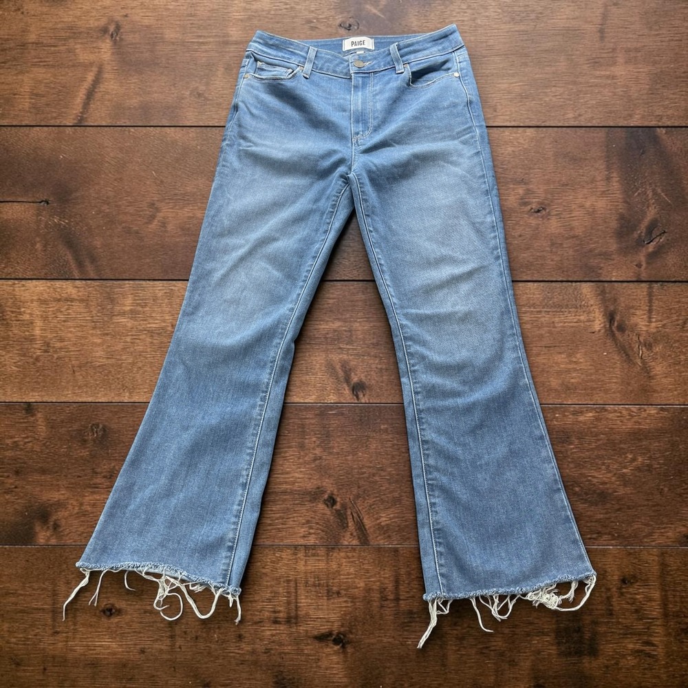 Paige Rory Crop Flare Jeans 27 W29xL26 Medium Wash Raw Hem High Rise Stretch